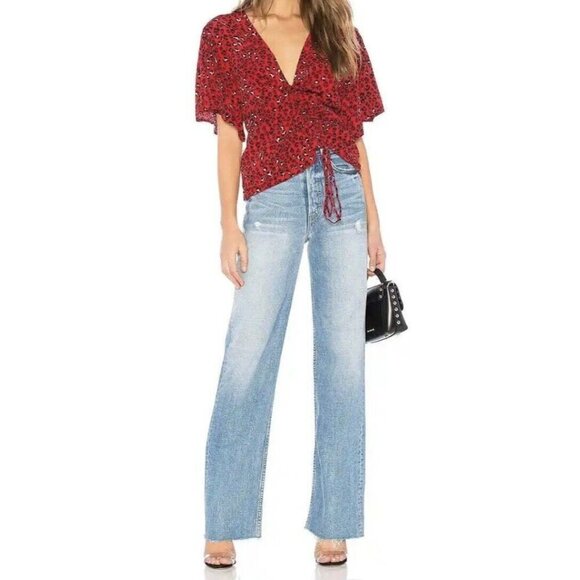 Lovers + Friends Valentina Top Small Red‎ Animal Print Cinch Front Flutter S/S - Picture 4 of 16